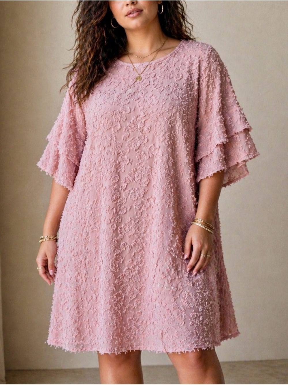 Joh Textured Sheer Floral Dress Pale Mauve Bell Sleeves Back Buttons Size L